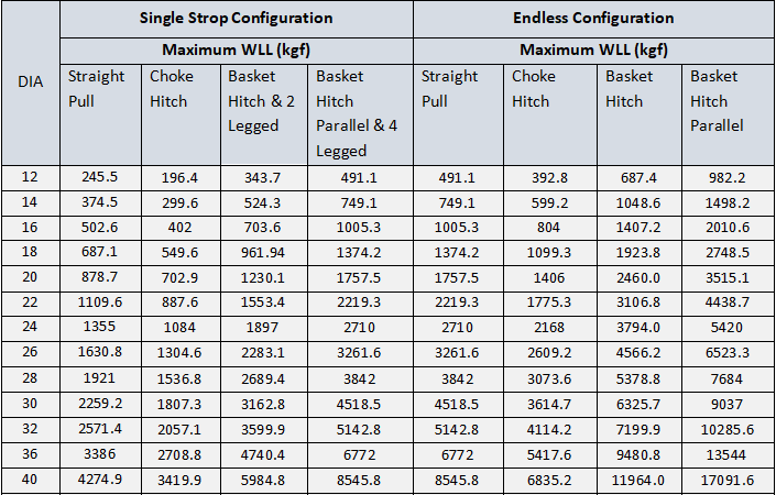 PP Rope Slings Chart